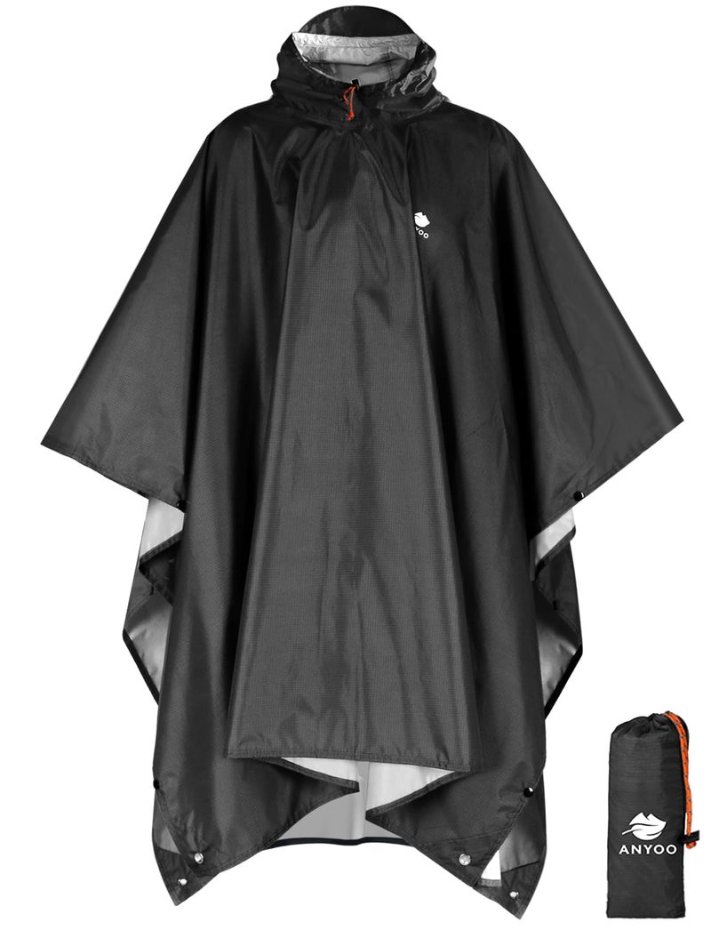 ANYOO Hooded Rain Poncho for Adults Waterproof Lightweight Rain Coats for Men Women Reusable Rain Jacket for Emergency Camping Outdoor Activities (Black) One Size - Image 1